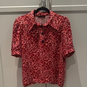 Tara Jarmon Red Floral Short-Sleeve Silk Top with Pointed Collar